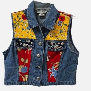 Stonebridge Petite Floral Patchwork Cropped Denim Vest Size PS